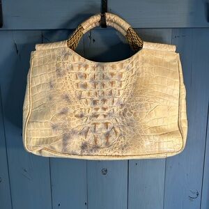 Plinio Visona Cream Genuine Leather Handbag Purse Alligator Made Italy
